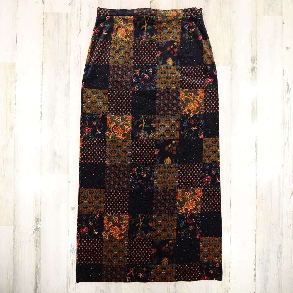 Vintage Maxi Skirt Womens Waist 32 Velvet Boho Floral Patchwork Print